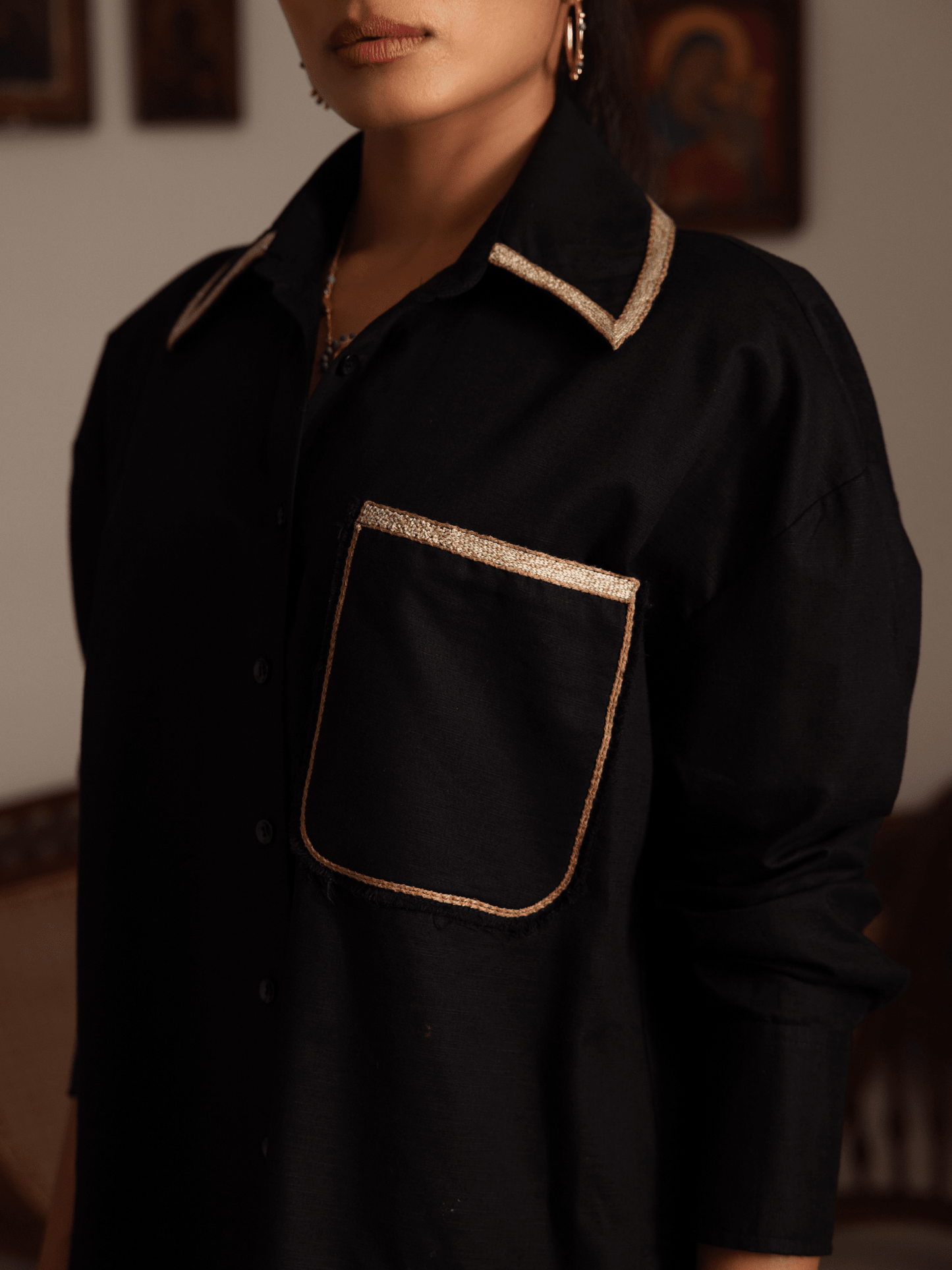 Premium oversized black shirt with hand embroidered details
