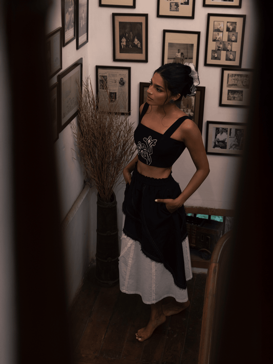 Aria hand embroidered corset crop top in black with floral applique 