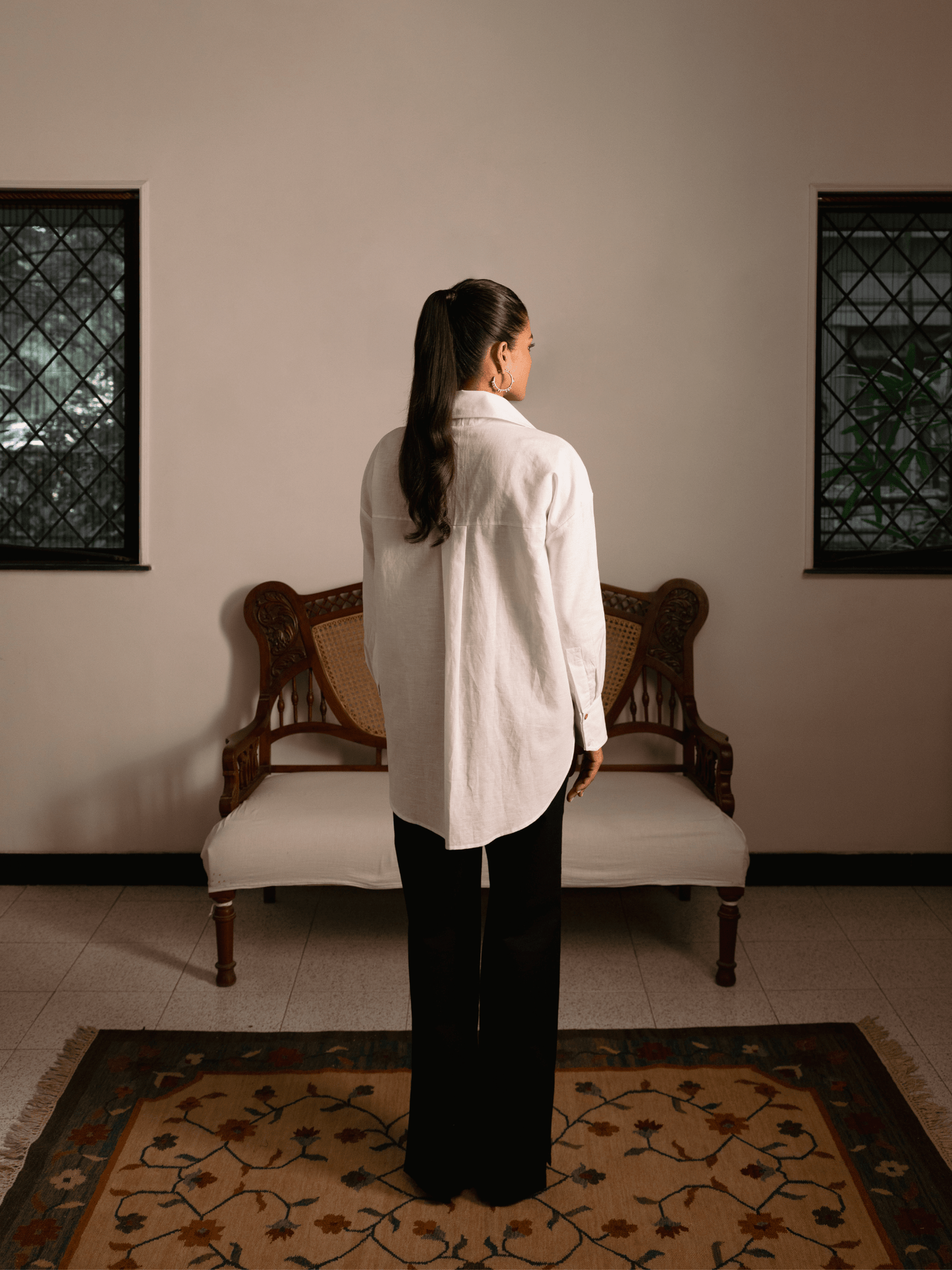 Back view of luxury oversized hemp cotton shirt for women