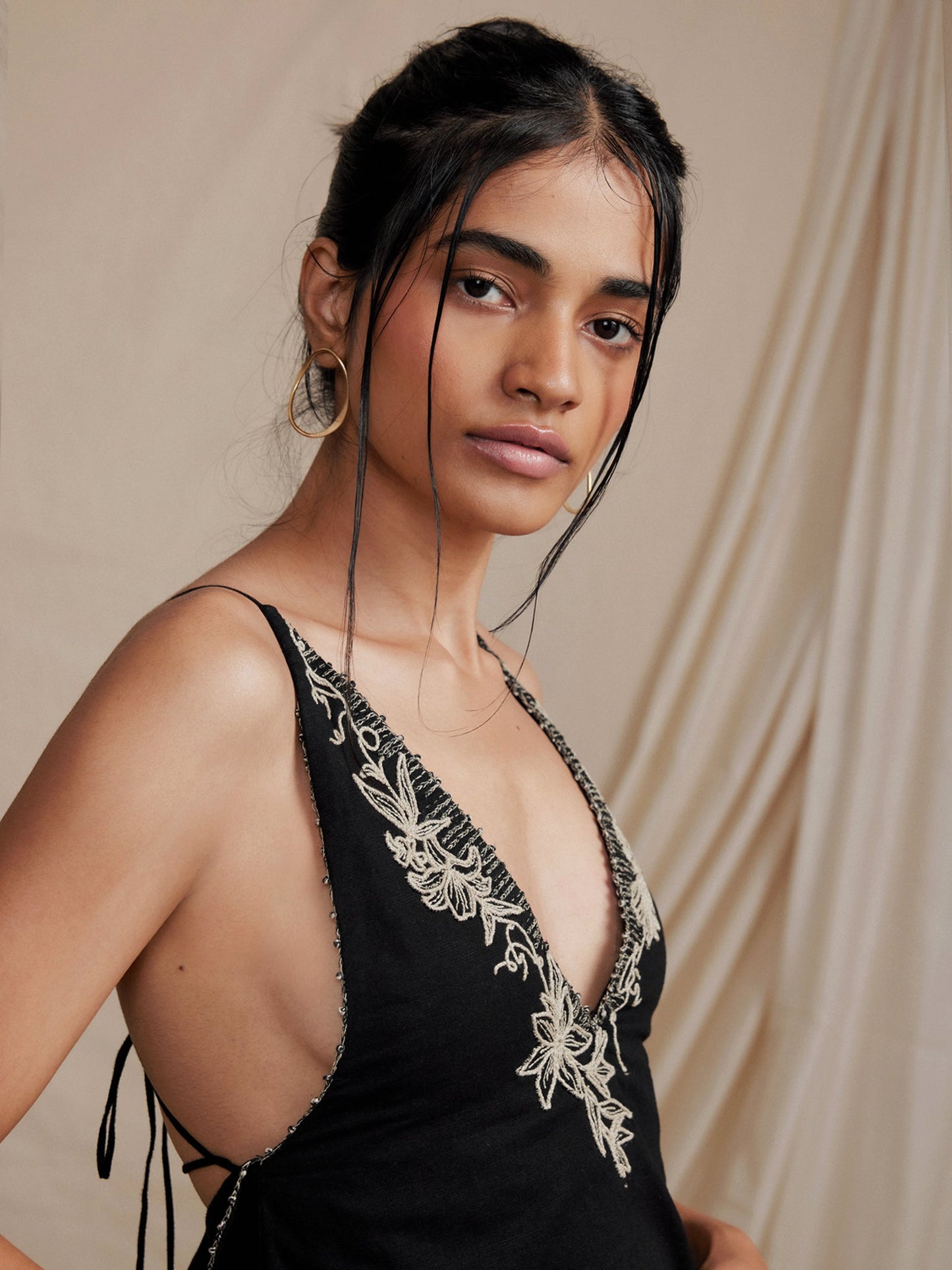 Black hand embroidered cotton linen dress
