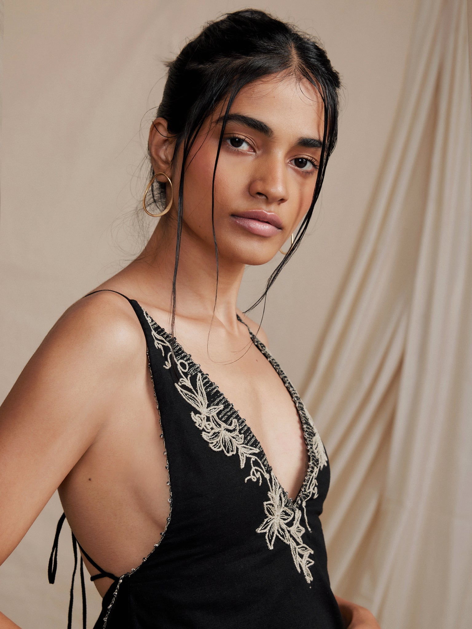 Black hand embroidered cotton linen dress
