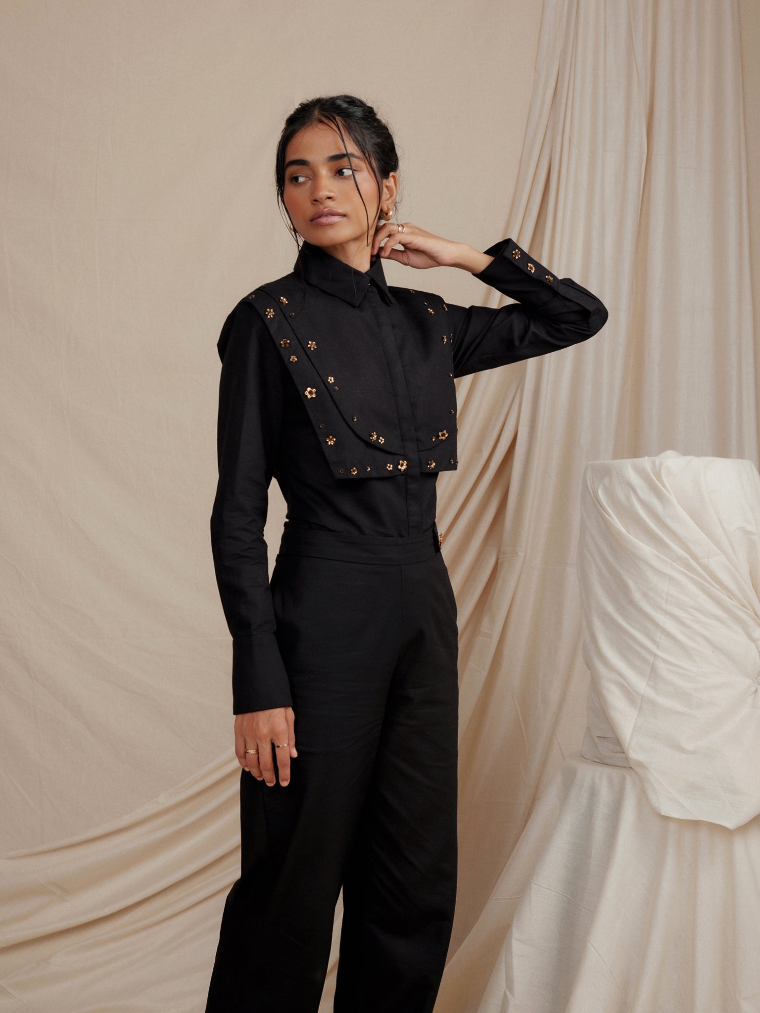 Black hand embroidered designer shirt for women