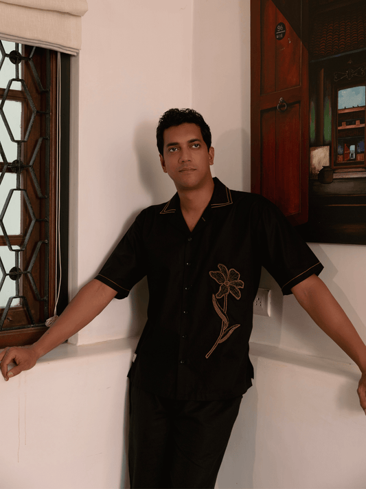 Black hand embroidered floral shirt for men