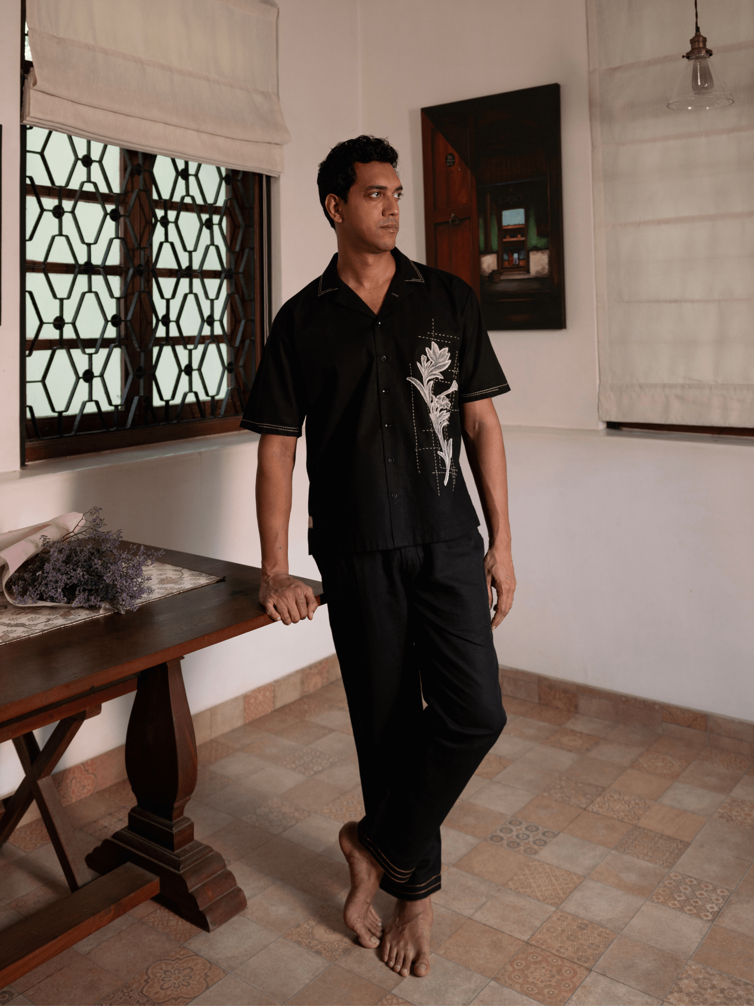 Black hand embroidered floral shirt for men
