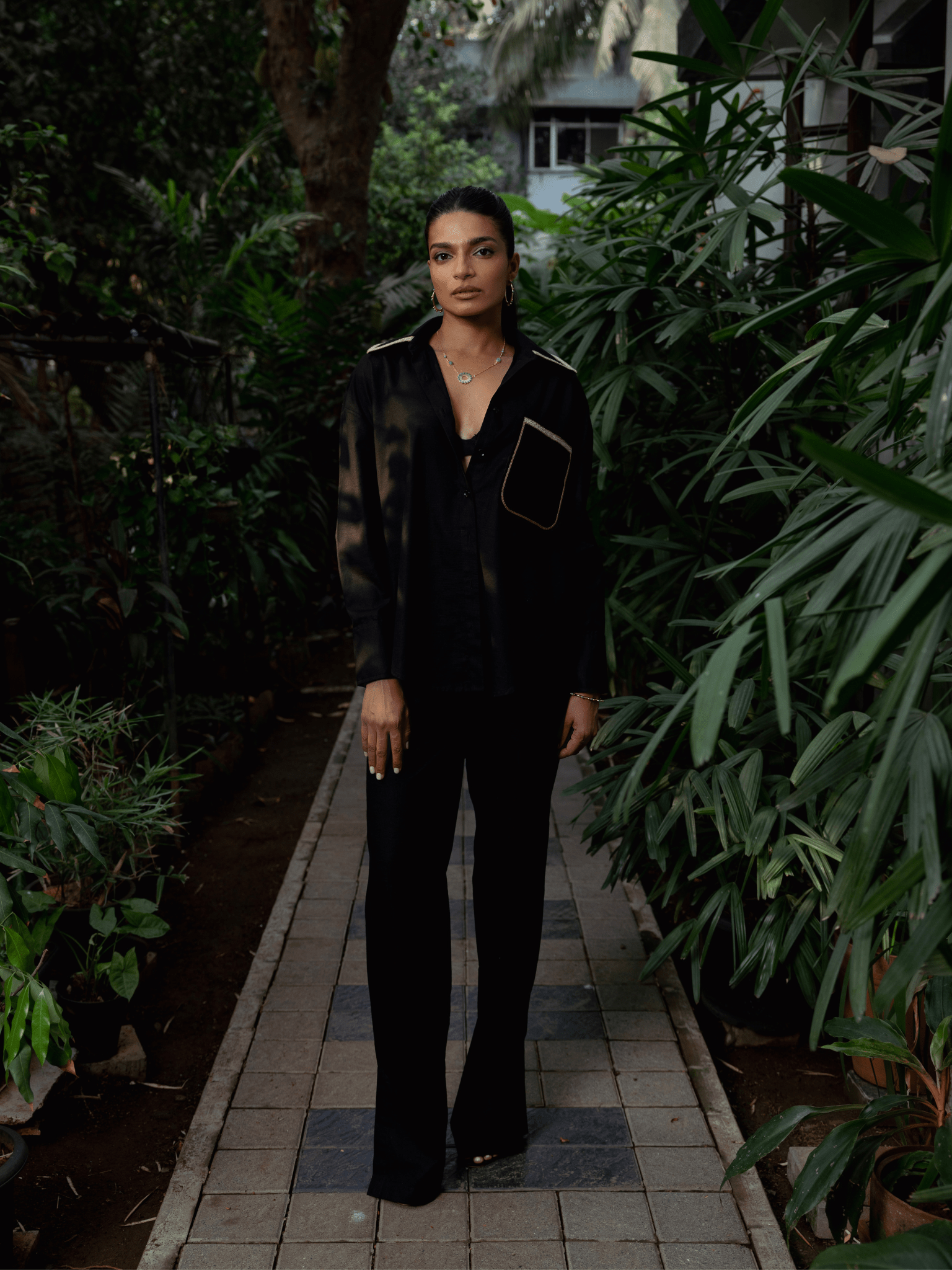 Black hand embroidered oversized shirt for women in cotton linen
