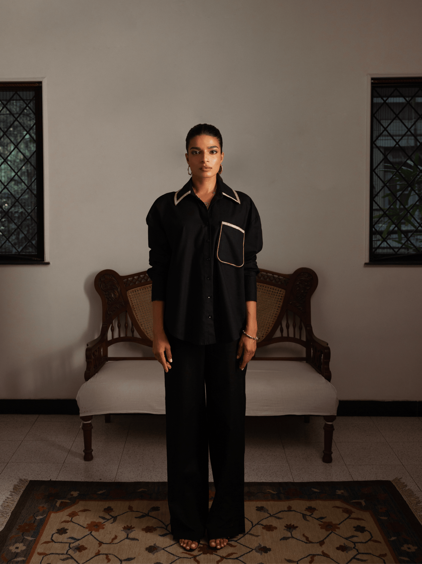 Designer black cotton linen oversized shirt for women