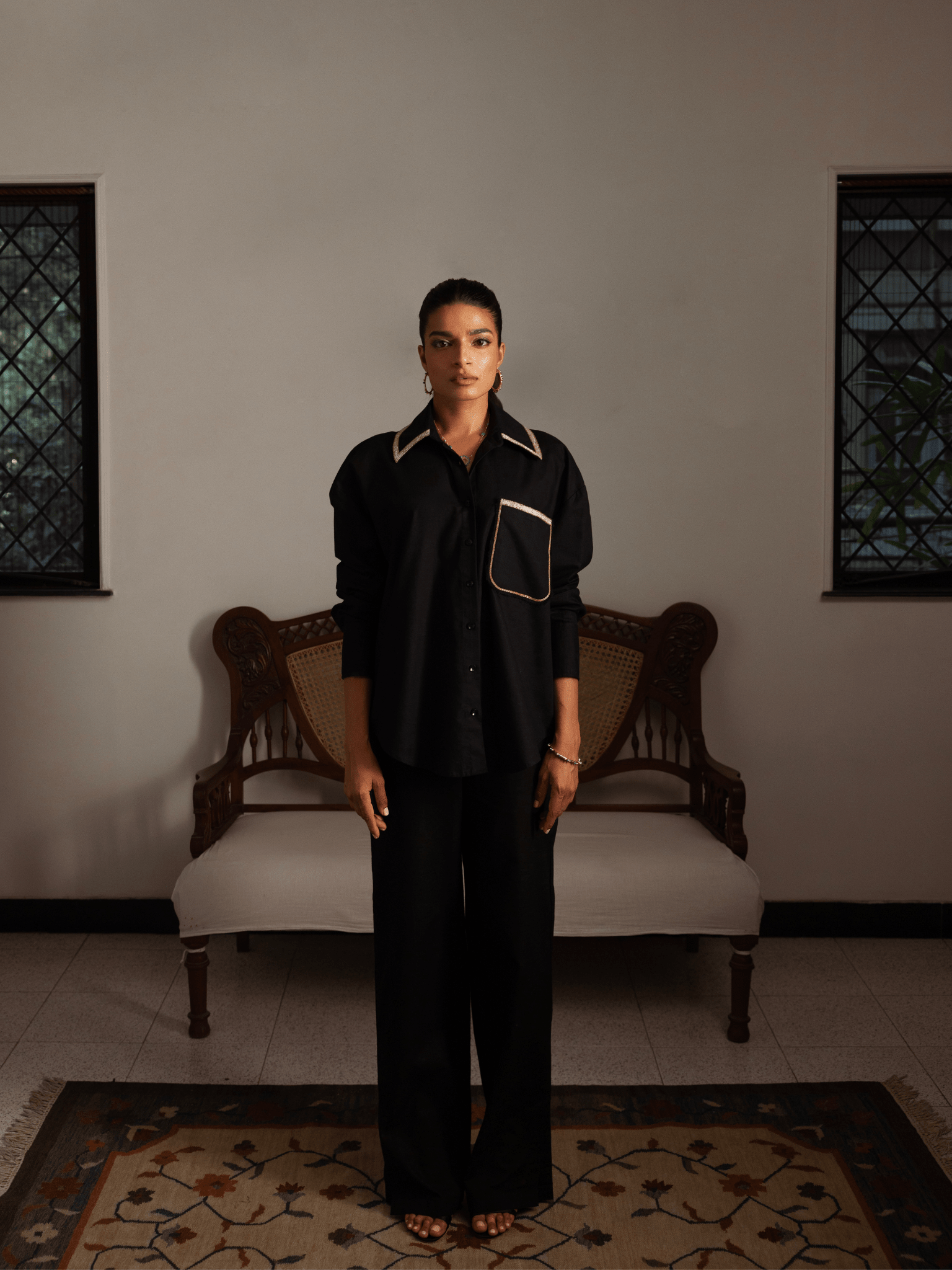 Designer black cotton linen oversized shirt for women