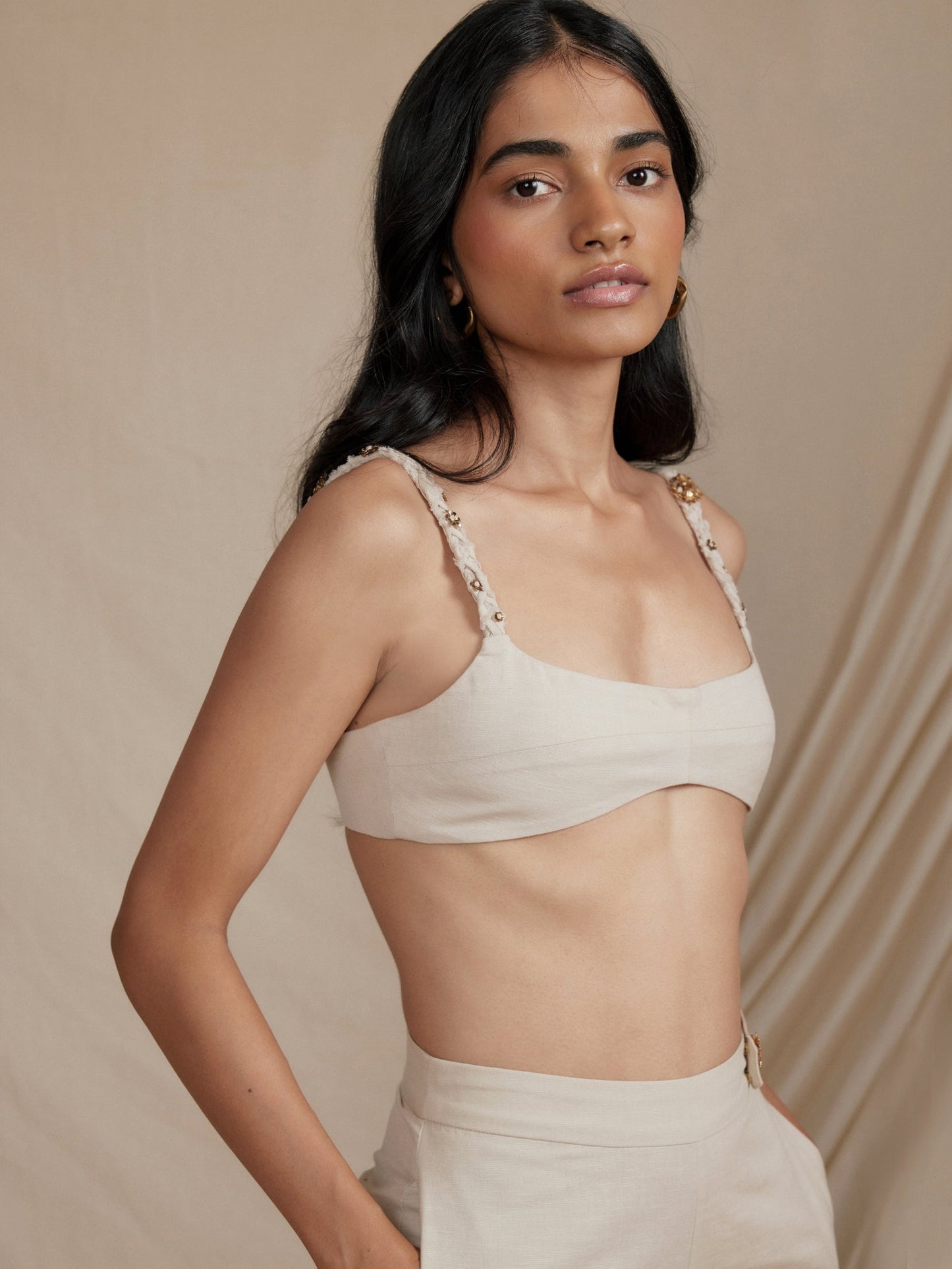 Hand embroidered cotton linen bralette set