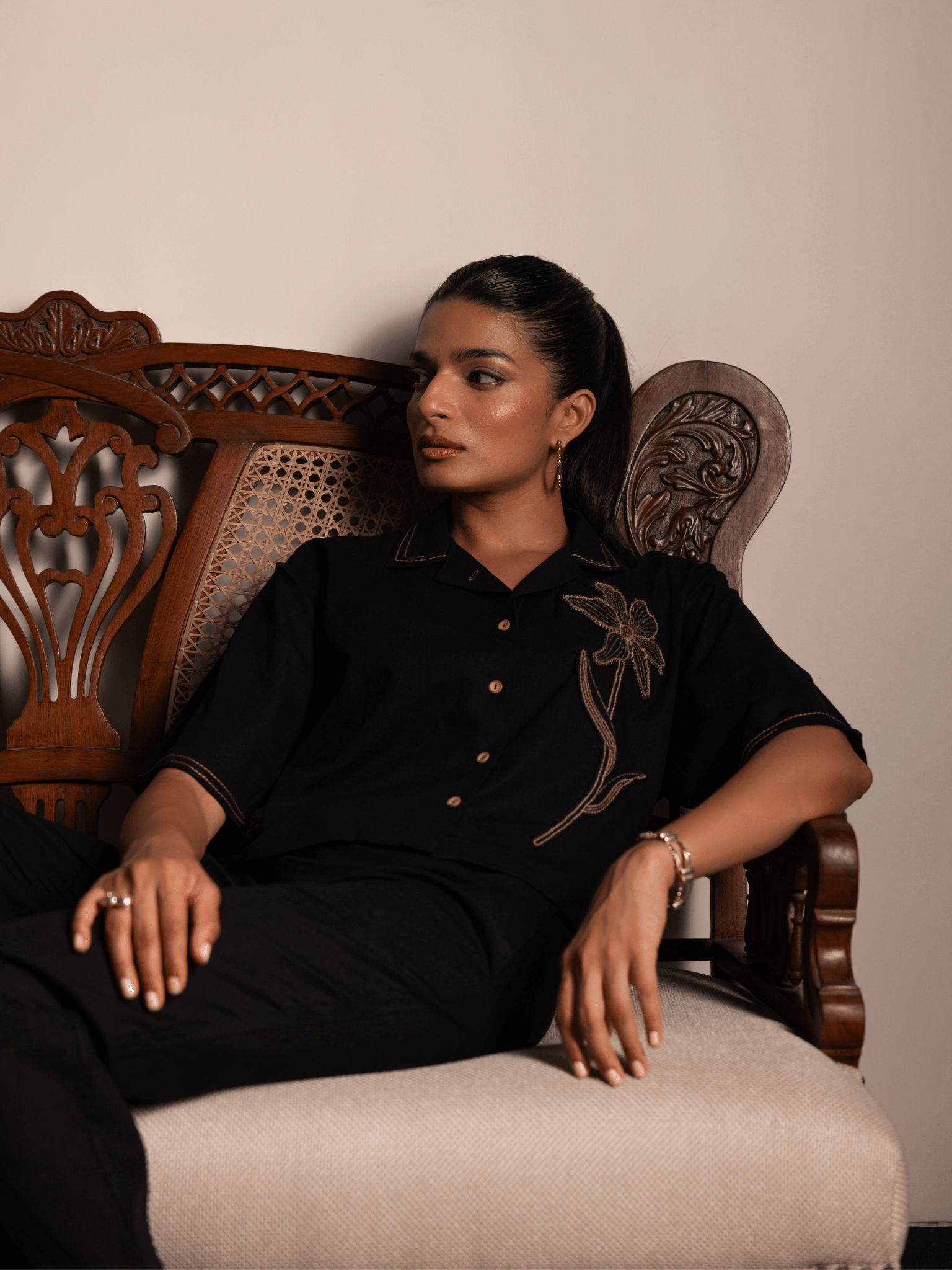 Hand embroidered floral cropped shirt for women