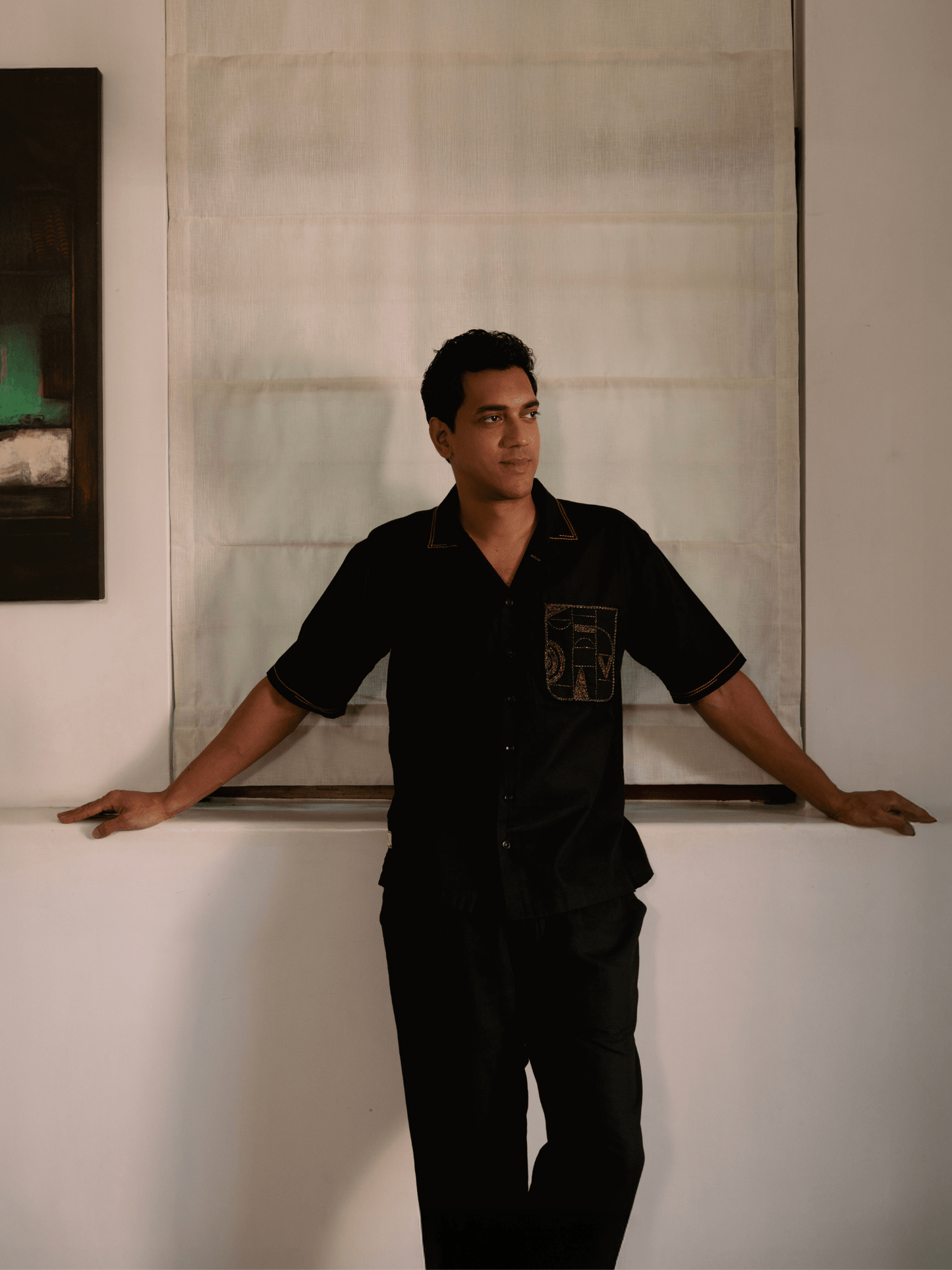 Luca embroidered oversized black shirt for men in hemp cotton 