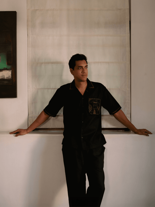 Luca embroidered oversized black shirt for men in hemp cotton 