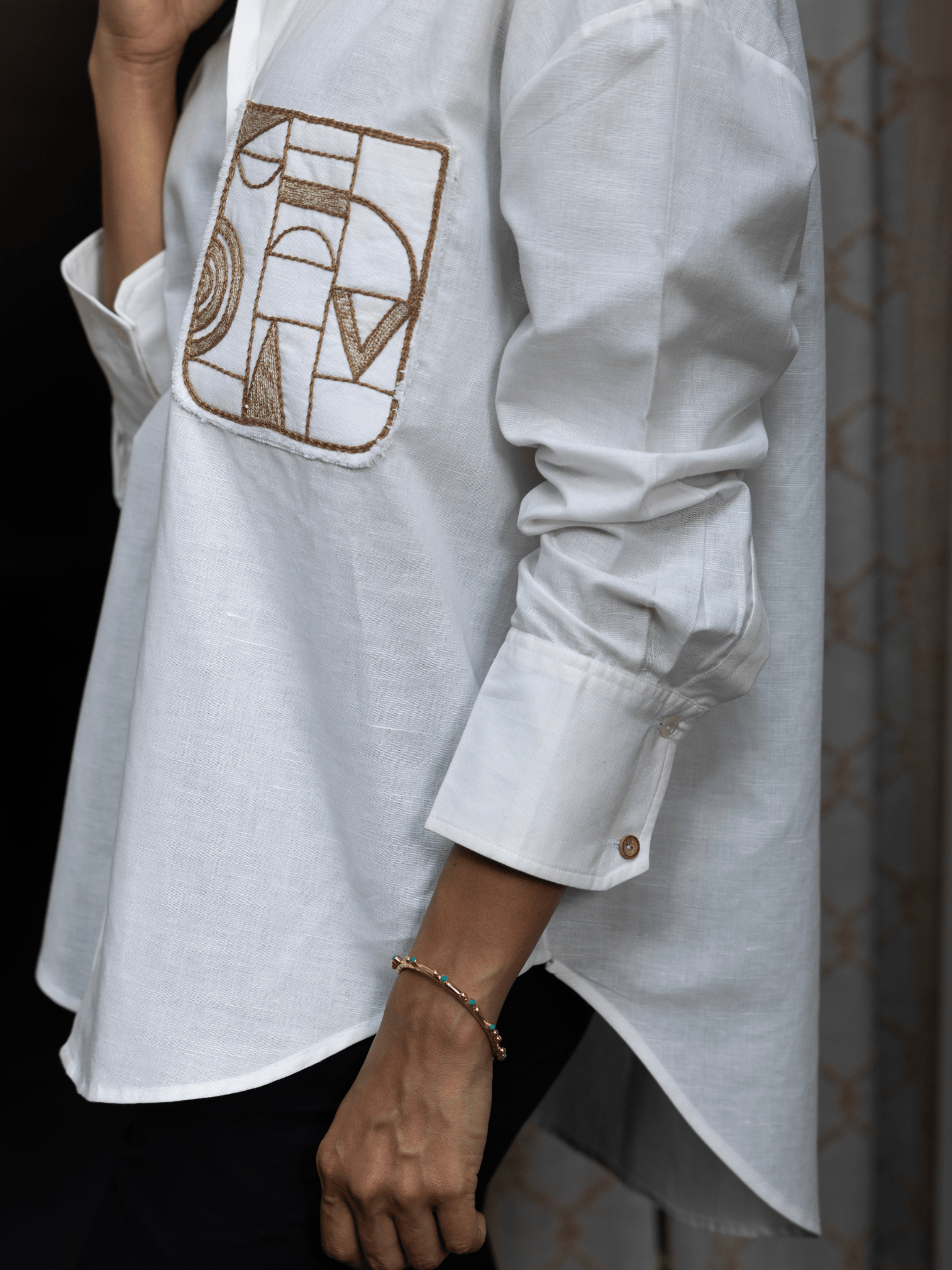 Luxury hand embroidered white shirt with DVAI monogram pocket