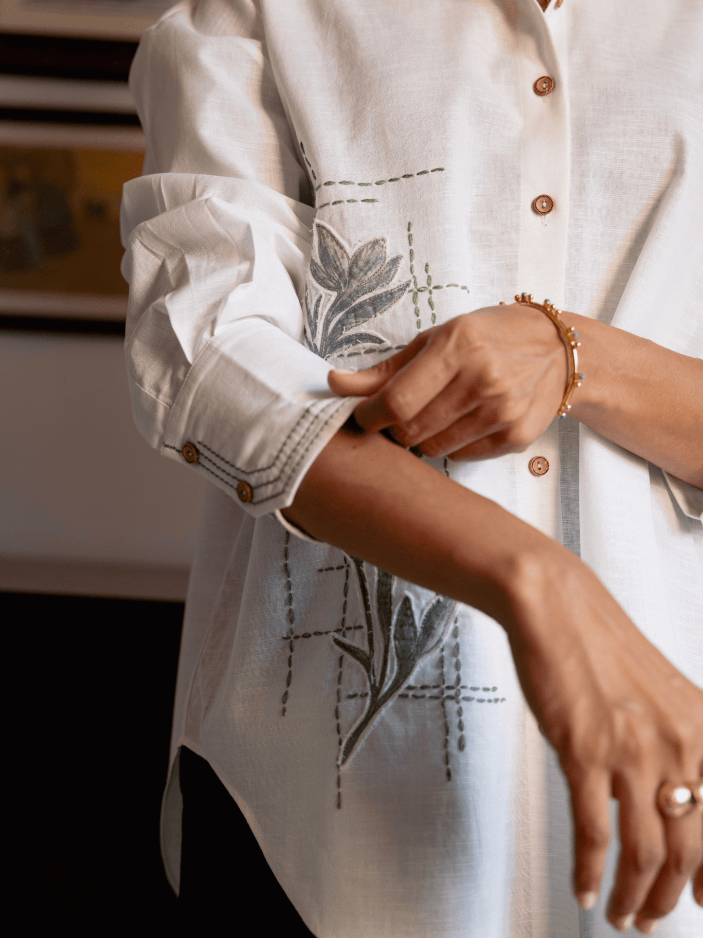 Luxury oversized shirt with botanical hand embroidery