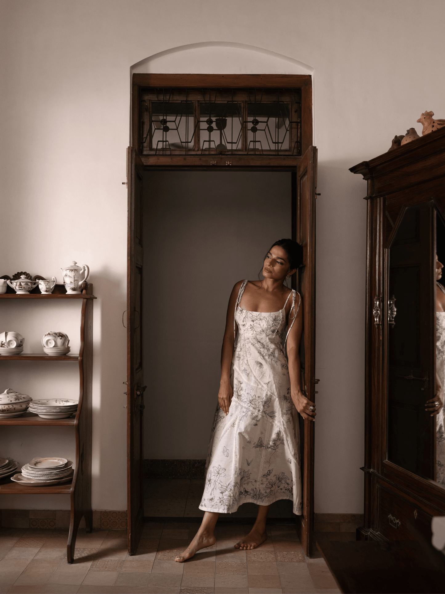 Luxury resort wear dress with hand-drawn botanical print
