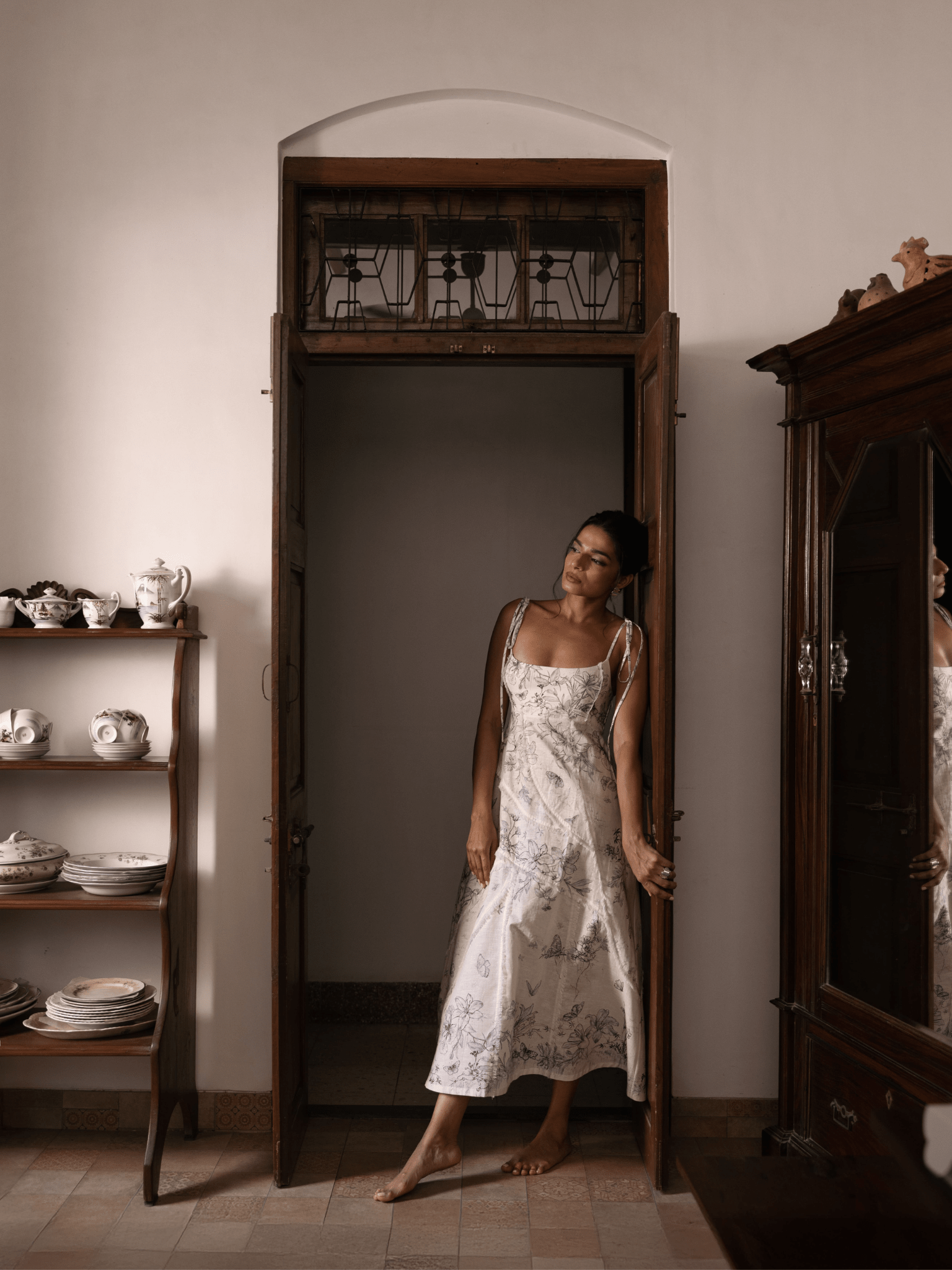Luxury resort wear dress with hand-drawn botanical print