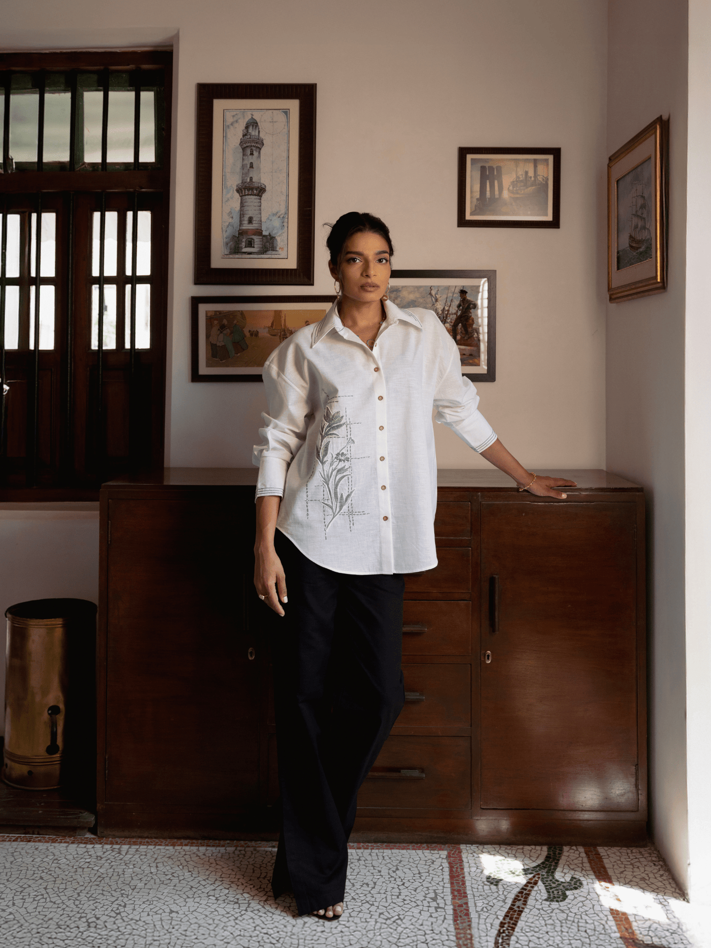 Mila oversized hand embroidered cotton linen shirt for women
