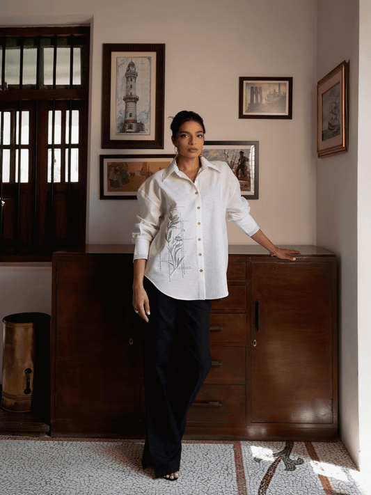 Mila oversized hand embroidered cotton linen shirt for women
