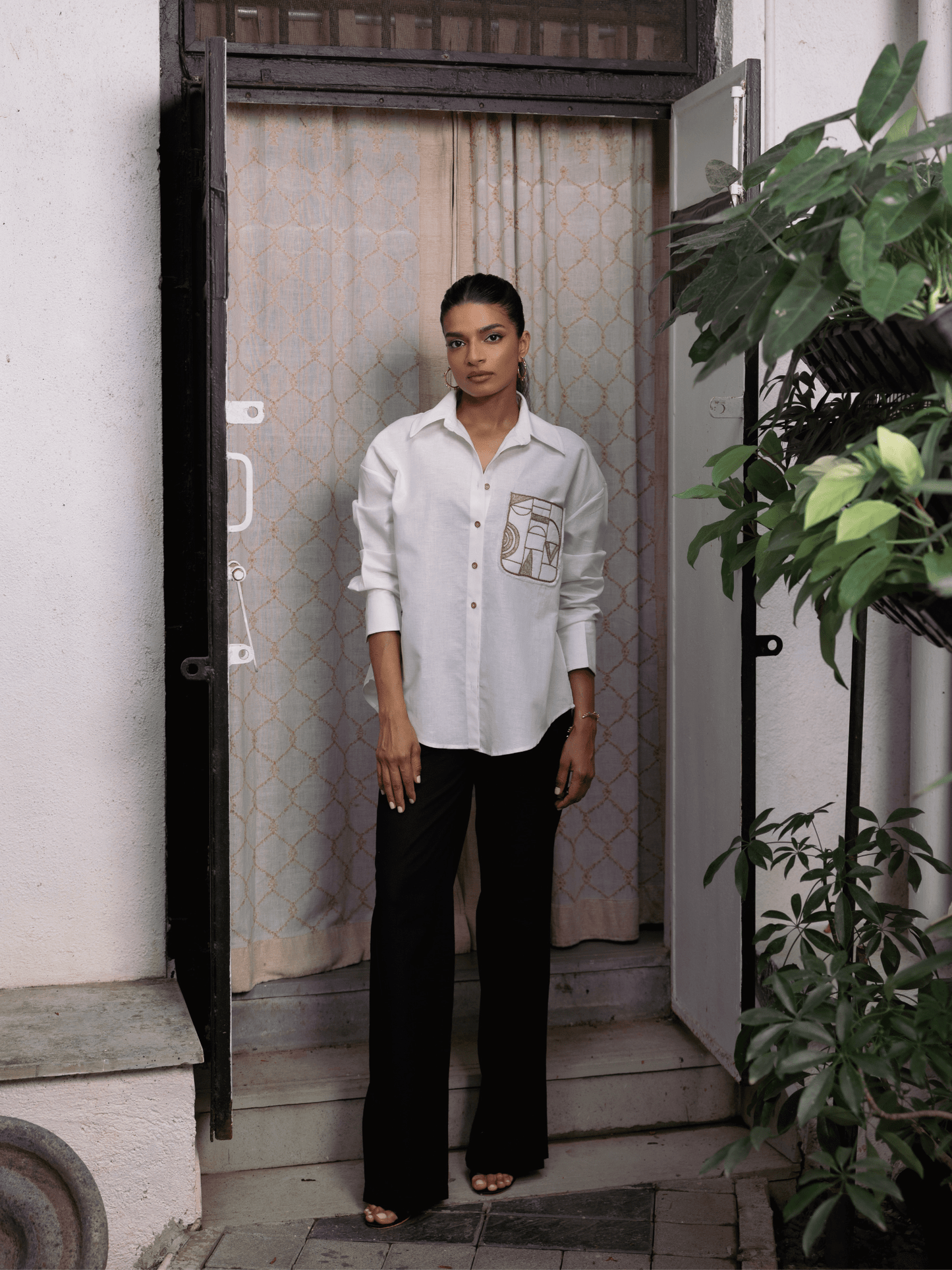 Olivia hand embroidered oversized shirt for women in white