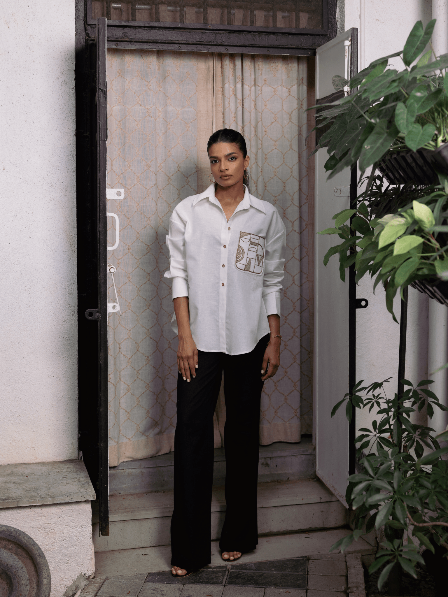 Olivia hand embroidered oversized shirt for women in white