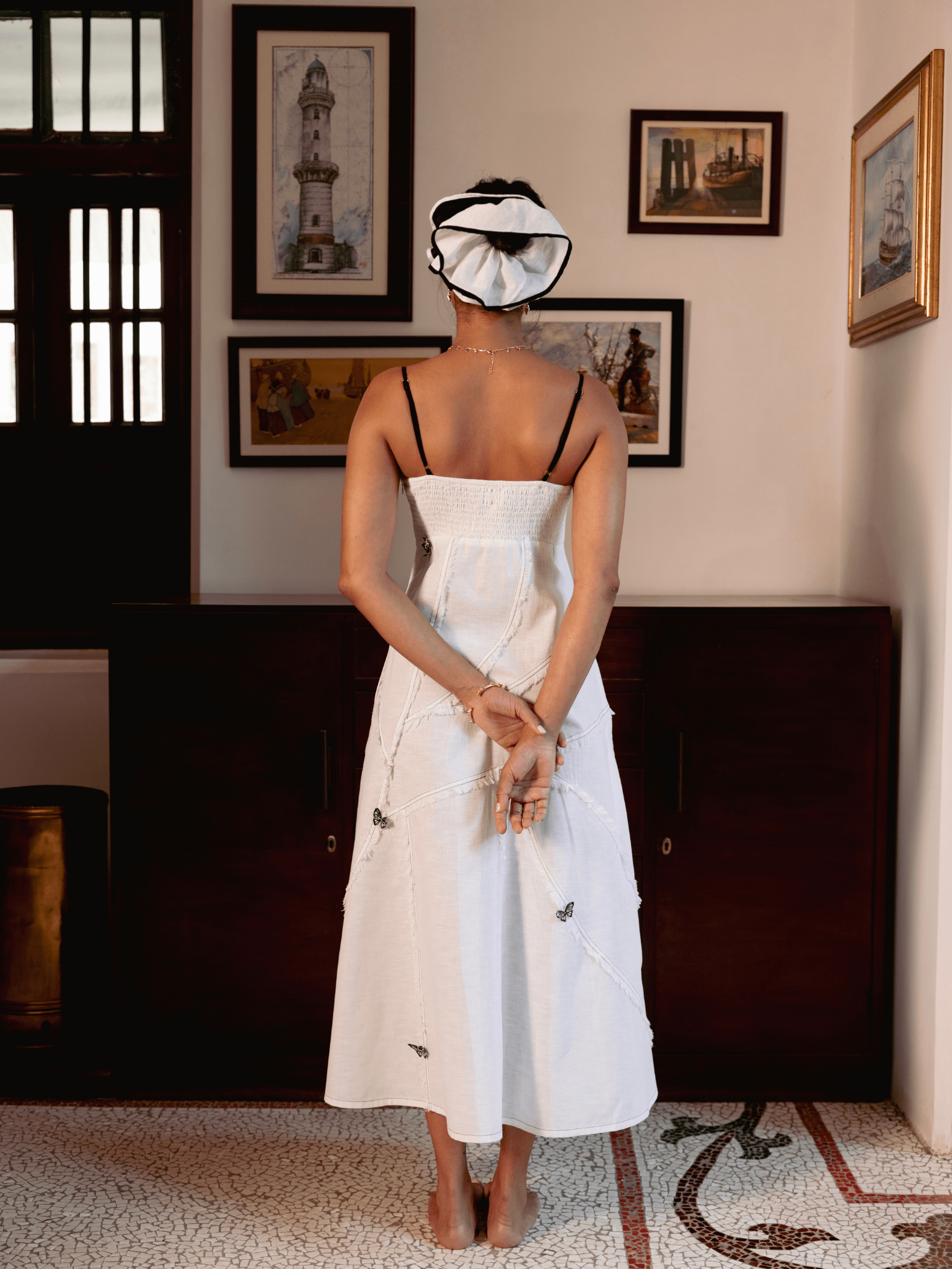Premium cotton linen midi dress back side