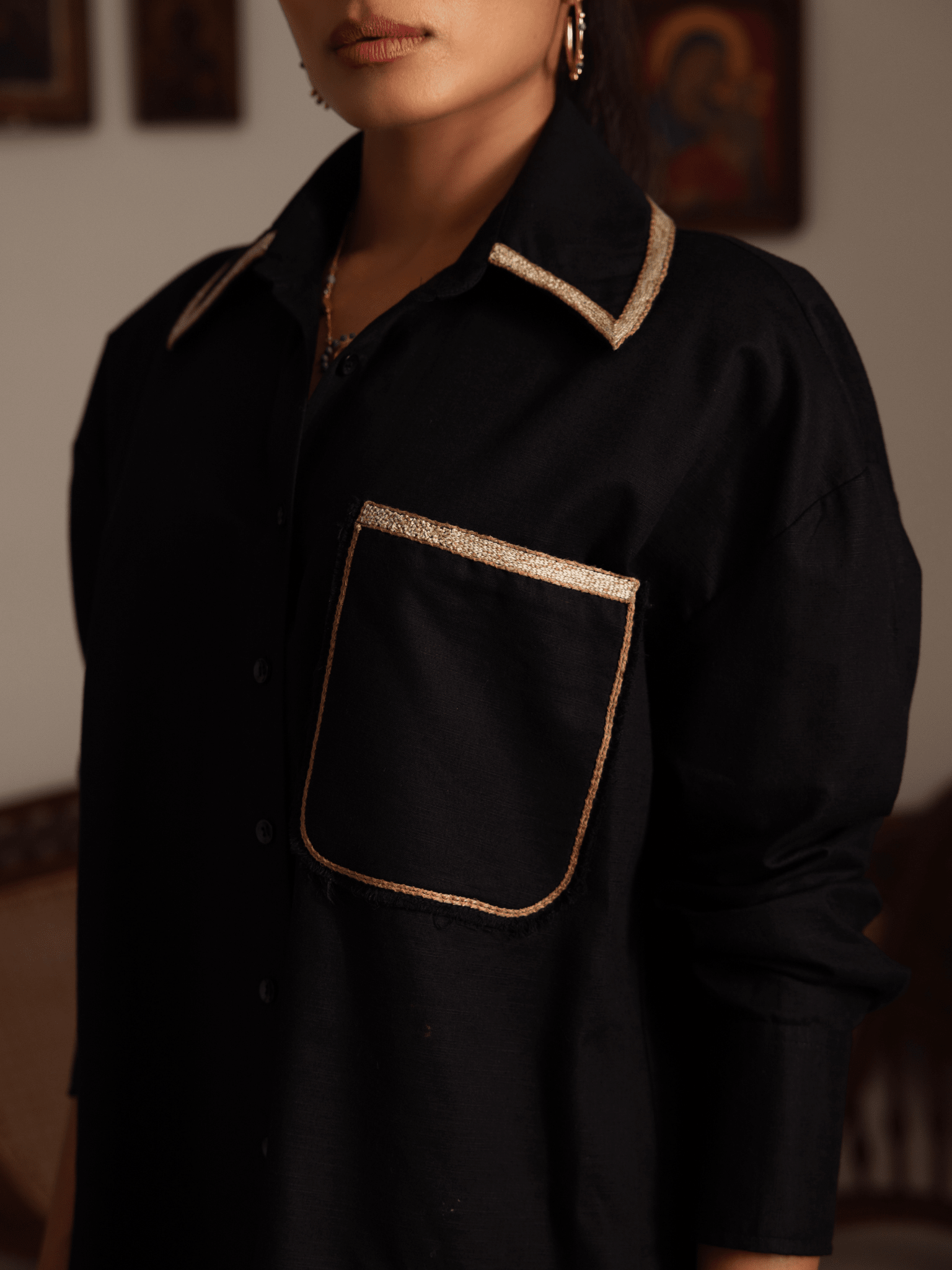 Premium oversized black shirt with hand embroidered details
