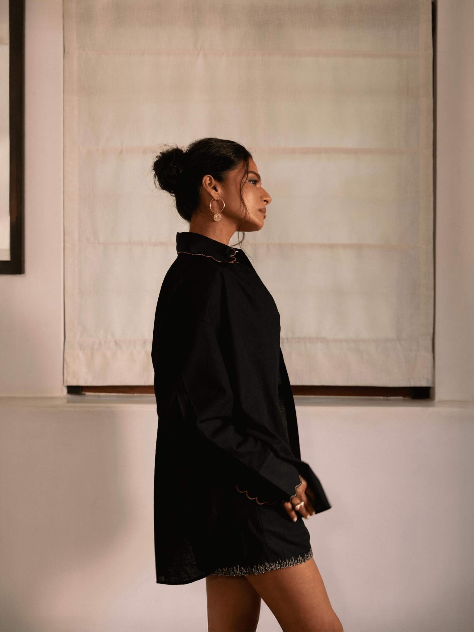 Premium oversized black shirt with scallop embroidered detailing