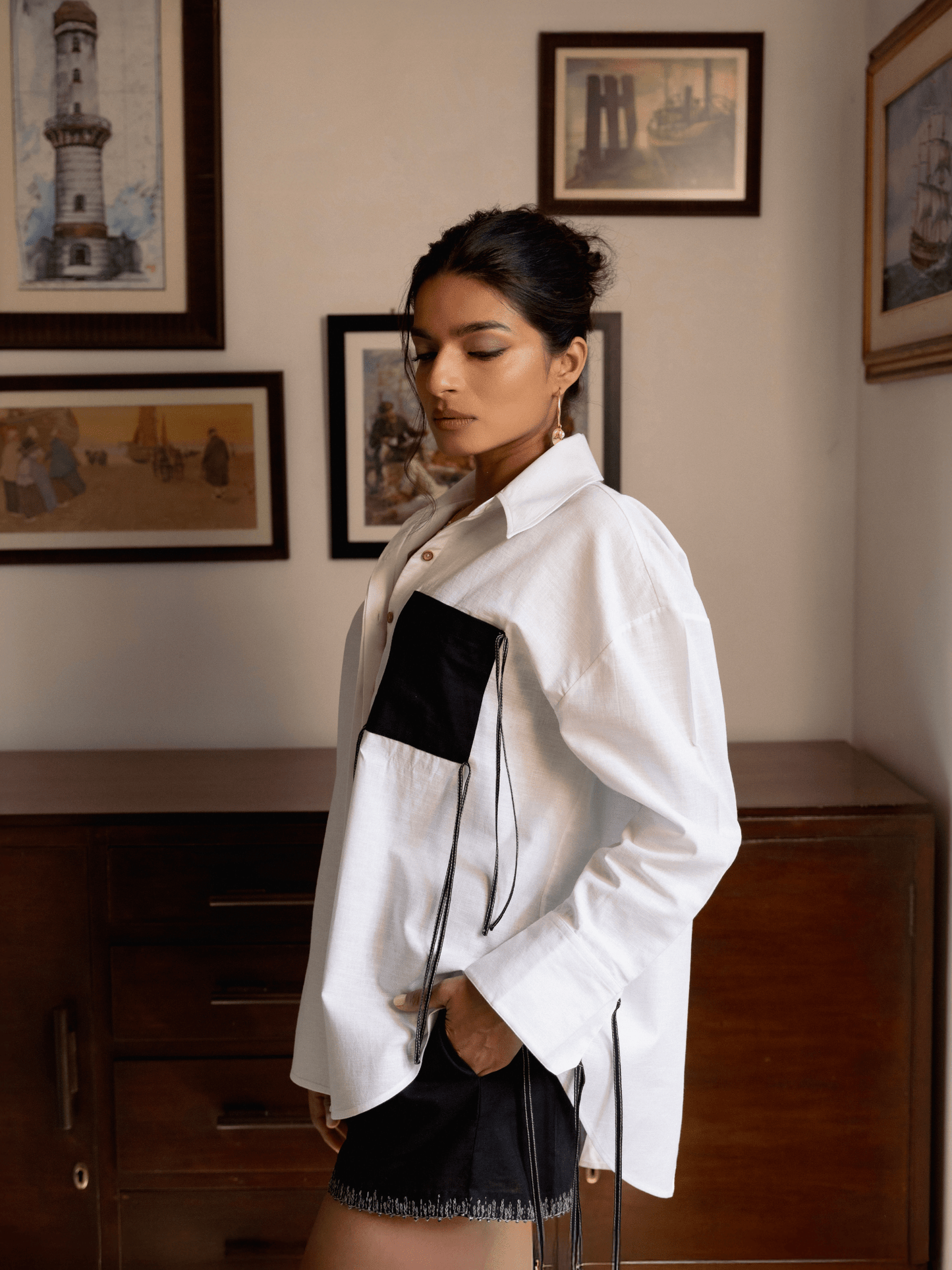 Premium oversized white shirt with black contrast panel
