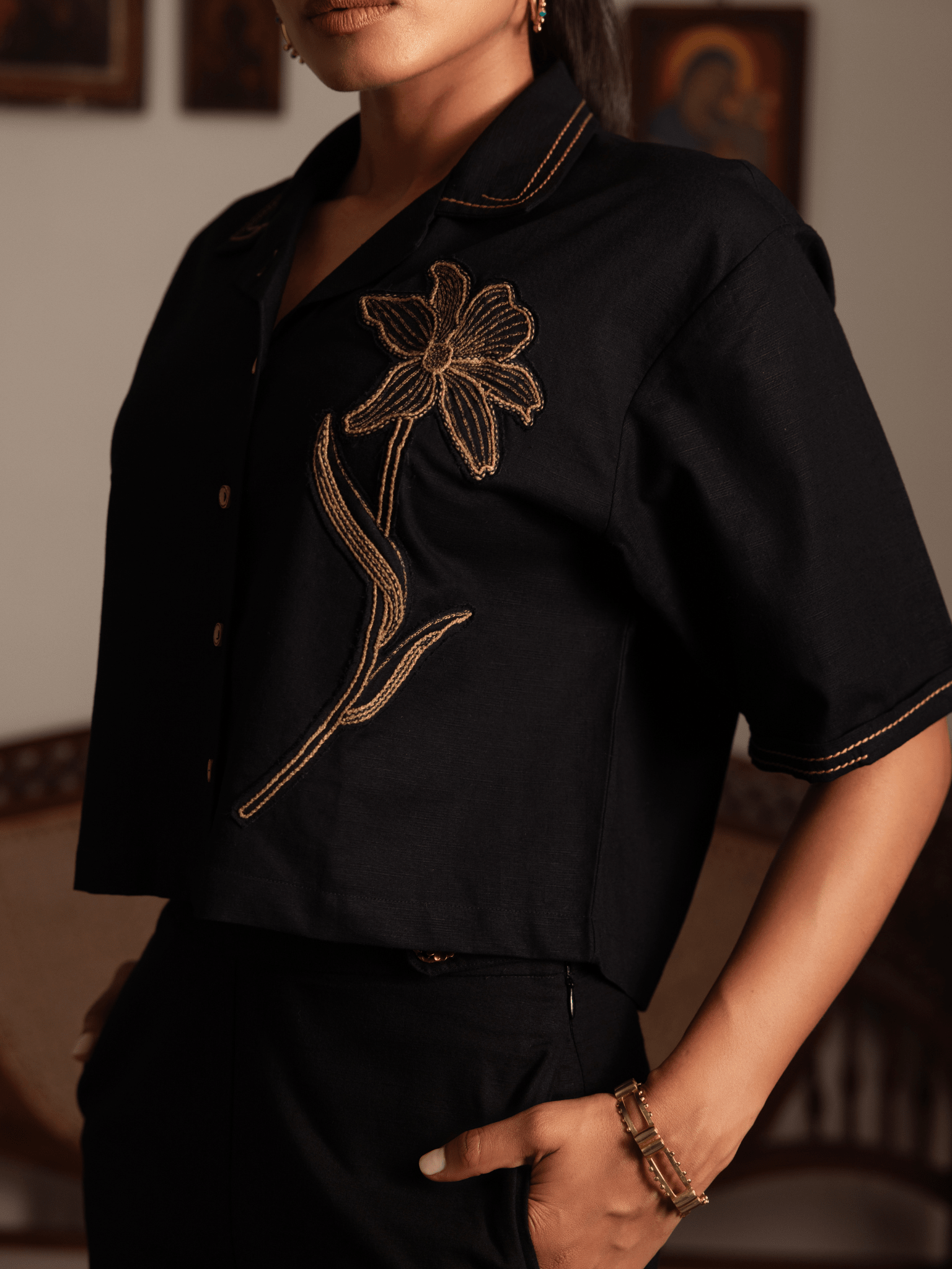 Relaxed fit hand embroidered floral shirt
