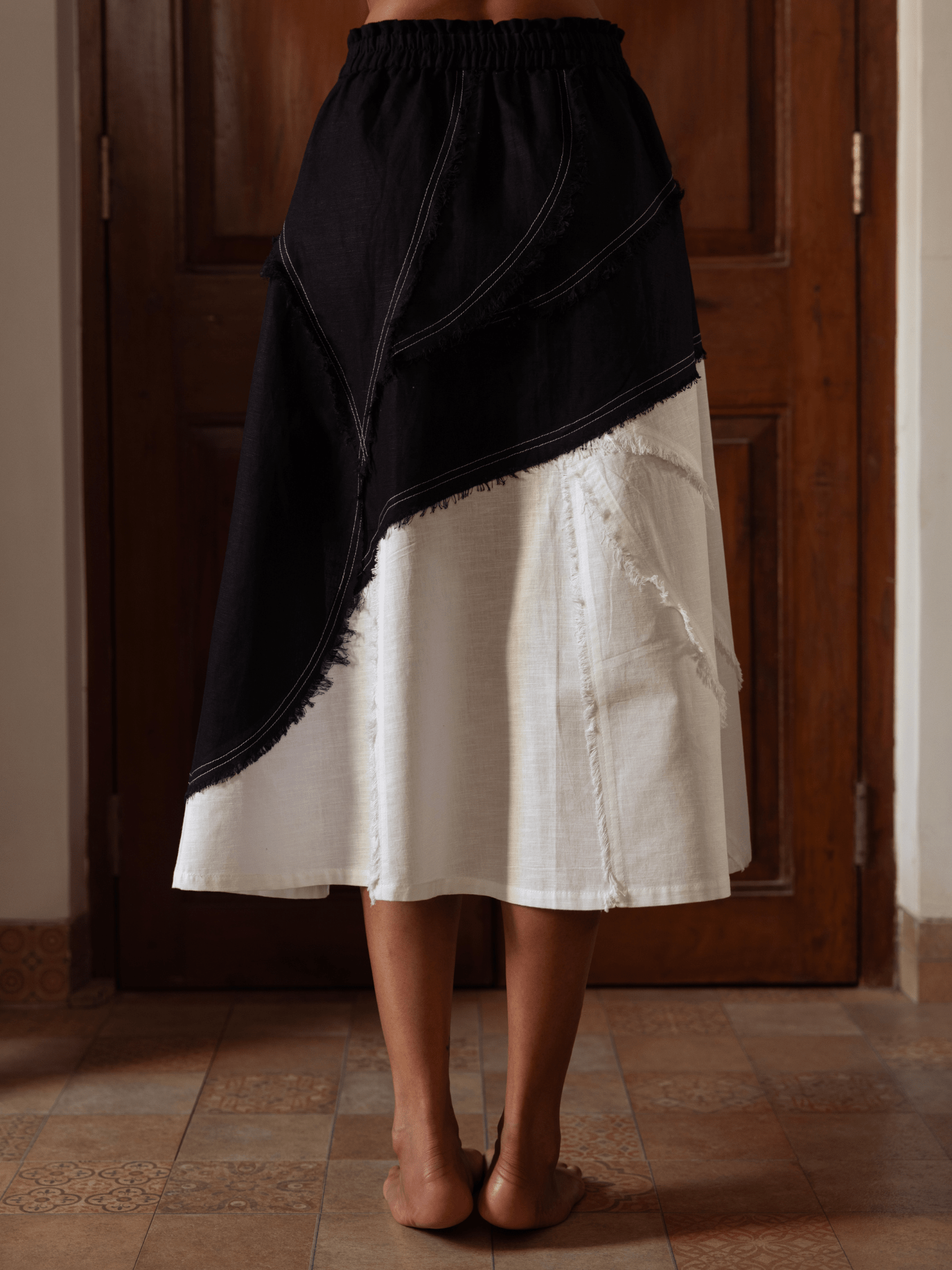 luxury hand-frayed designer black -white skirt for women back view